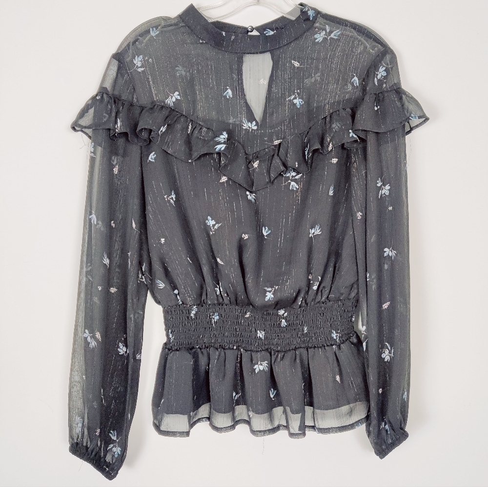 English Factory Women's Medium Floral Ruffle Sheer Long Sleeve Blouse Grunge